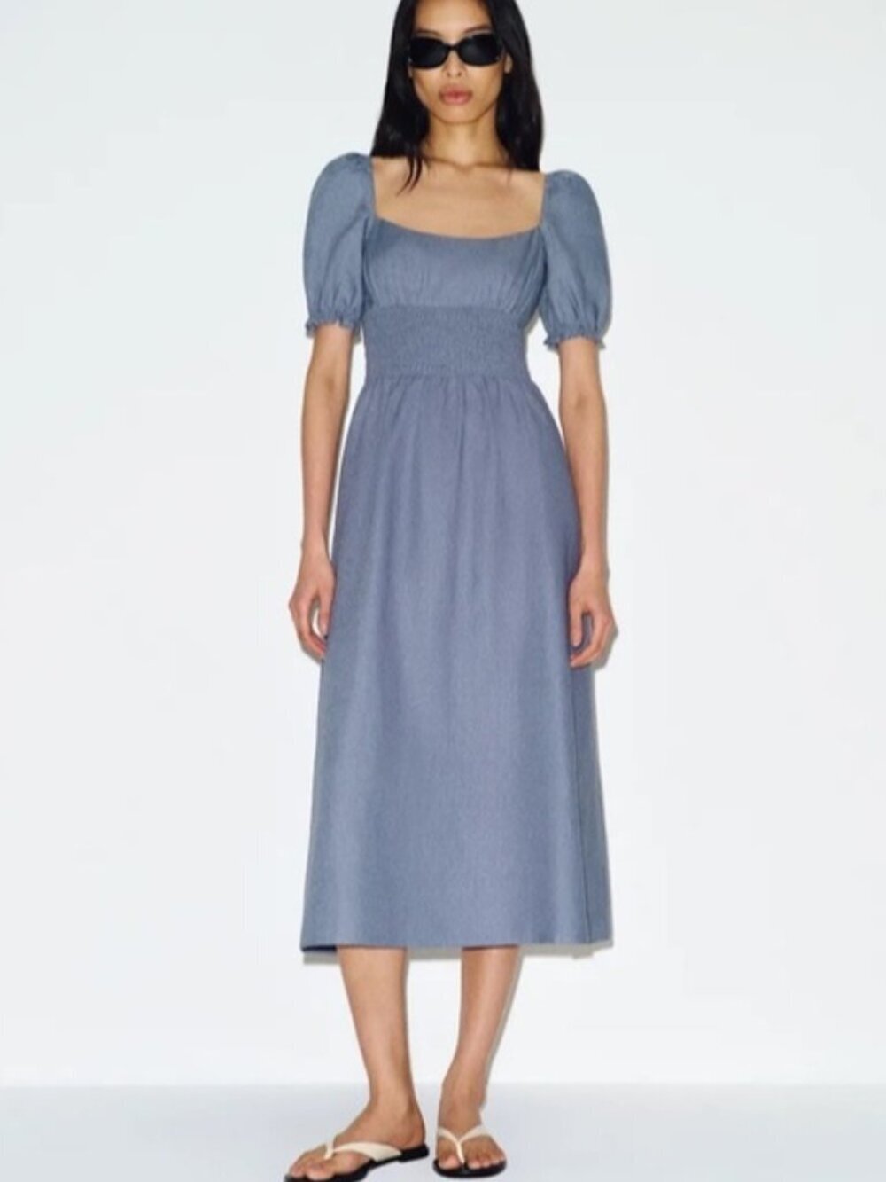 NEW Reformation Adler Linen Midi Smocked Puff Sleeve Dress Cornflower Blue US 4
